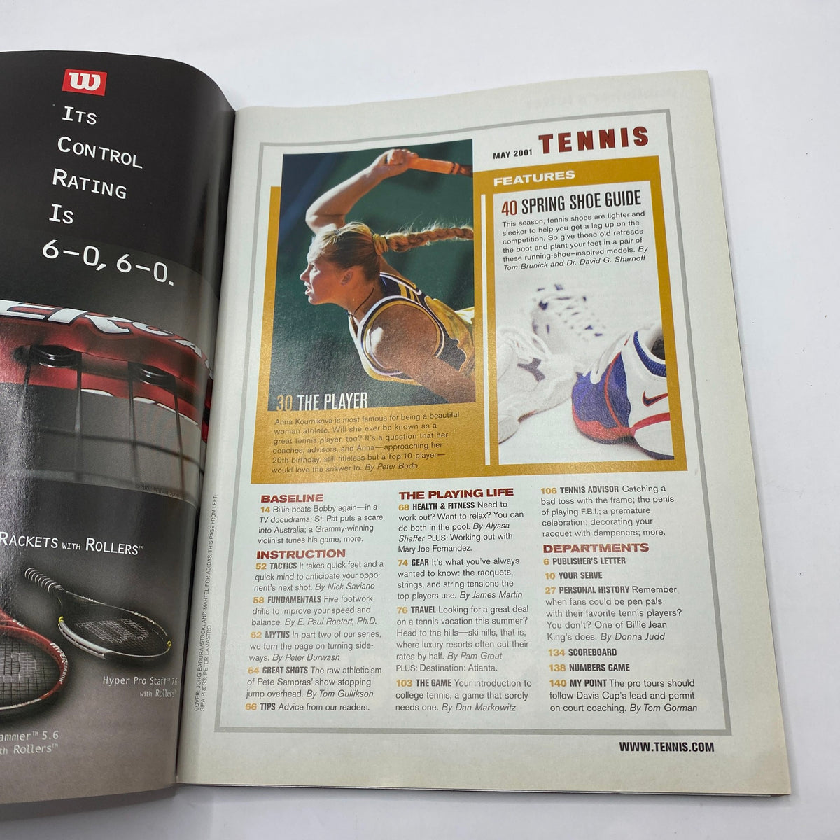 Inside page of Tennis Magazine May 2001, highlighting features and articles including a Spring Shoe Guide related to tennis gear.