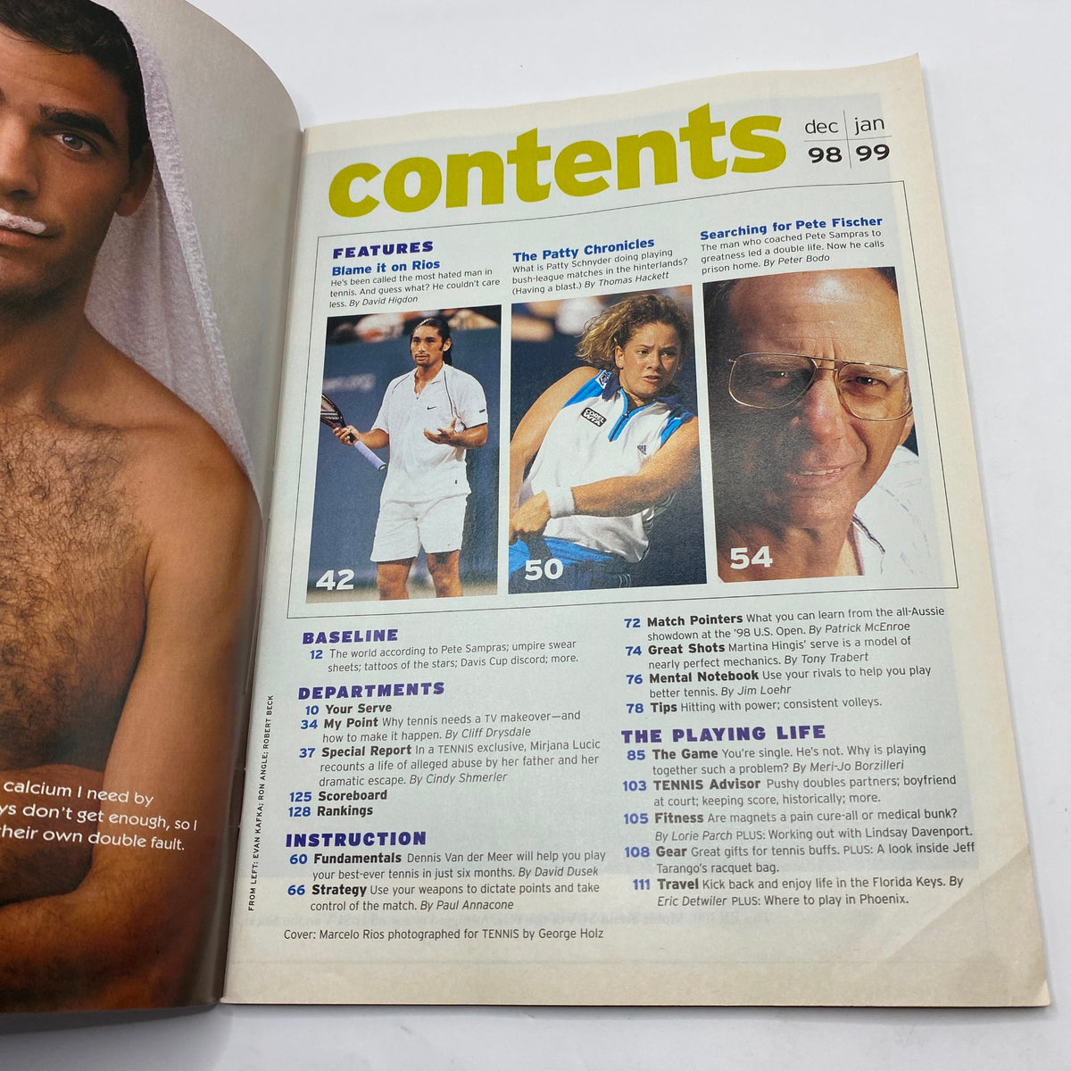 Contents page of Tennis Magazine December 1998 January 1999, detailing articles and features including Marcelo Rios and other tennis highlights.