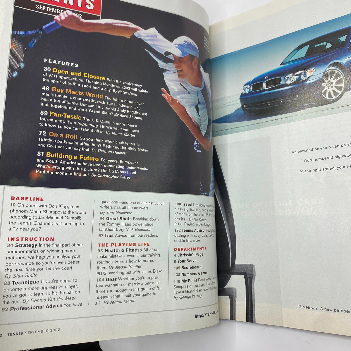 Interior page of Tennis Magazine September 2002, highlighting features about Andy Roddick and insights into tennis strategies.