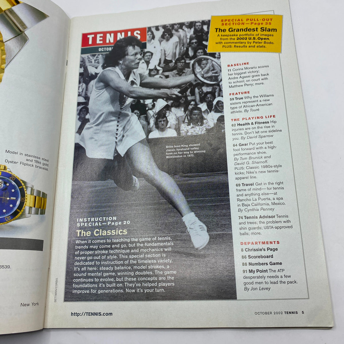 Interior page of Tennis Magazine October 2002, highlighting Billie Jean King's impact on the sport with insight into tennis fundamentals.