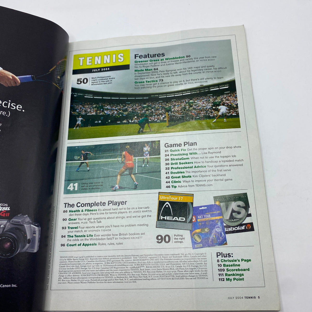 Interior page of Tennis Magazine July 2004 showcasing features such as Wimbledon 50, game plan analysis, and various articles related to tennis and player tactics.