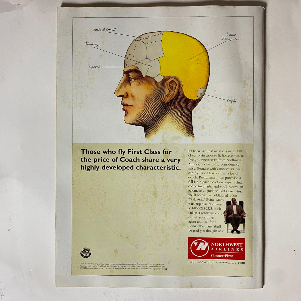 Advertisement from the back cover of Tennis Magazine August 1998 Vol 34 No. 4 for Northwest Airlines, discussing the benefits of flying first class.