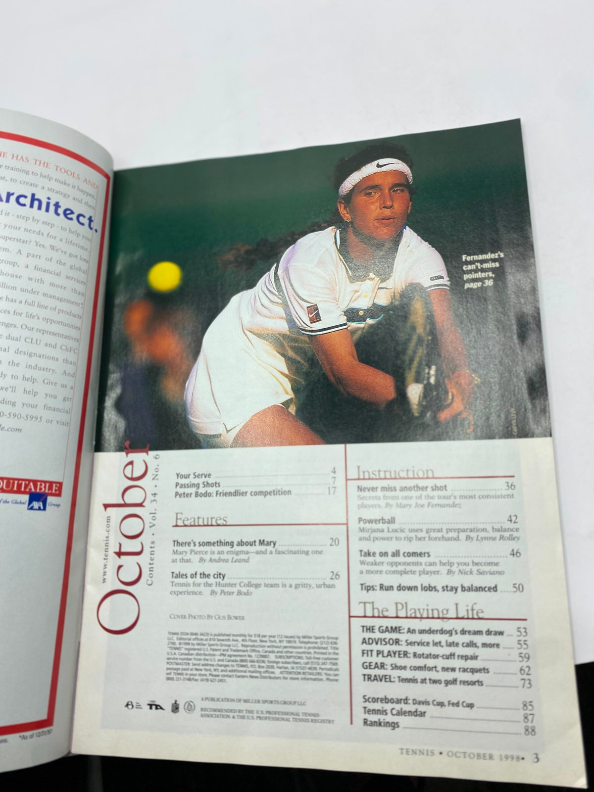 Interior page of Tennis Magazine, October 1998, Vol 34 No. 6, displaying the Table of Contents and an article about Mary Pierce, showcasing her significance in the magazine.
