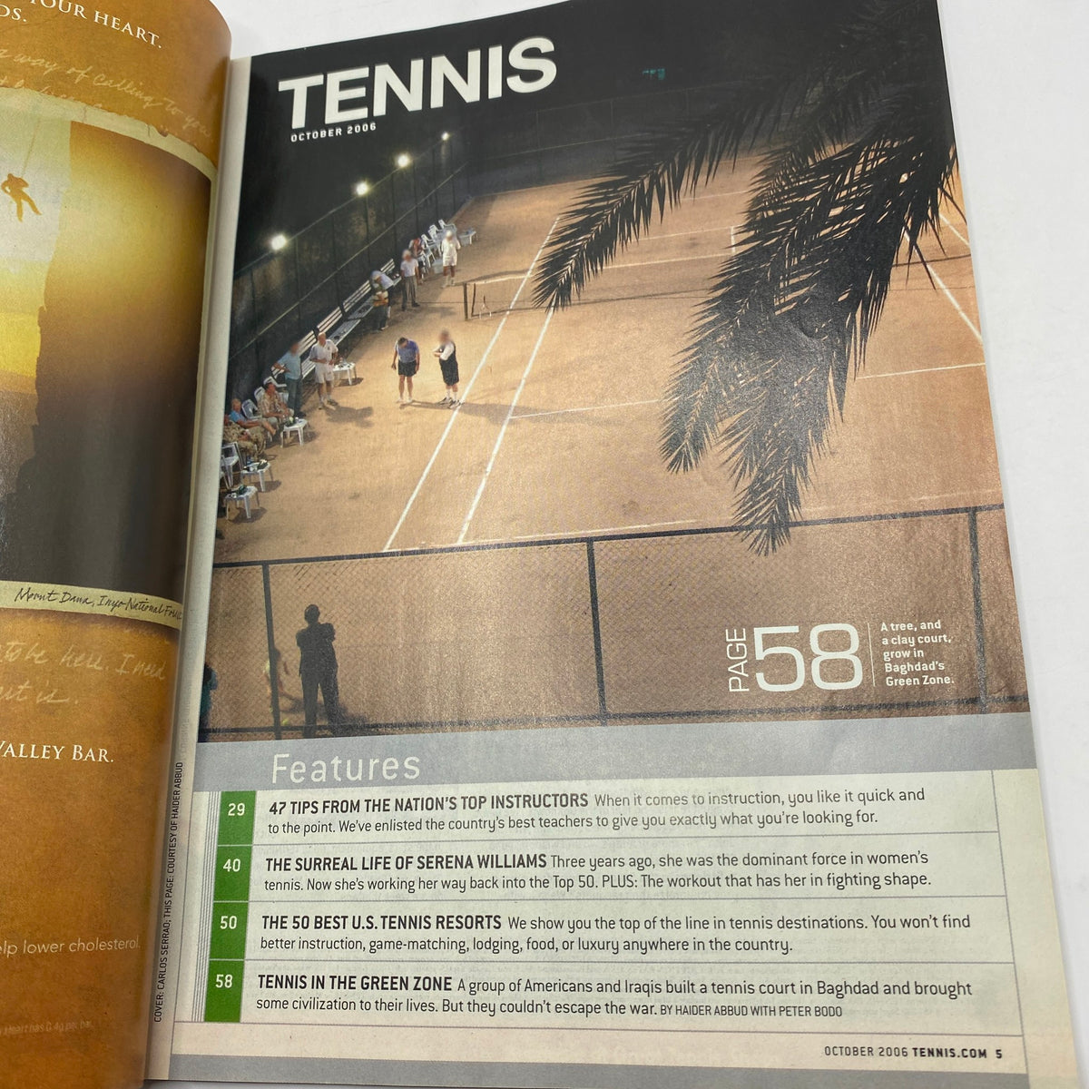 Inside page of Tennis Magazine October 2006 displaying features including tips from top instructors and an article on Serena Williams, highlighted with the title 'Tennis'.