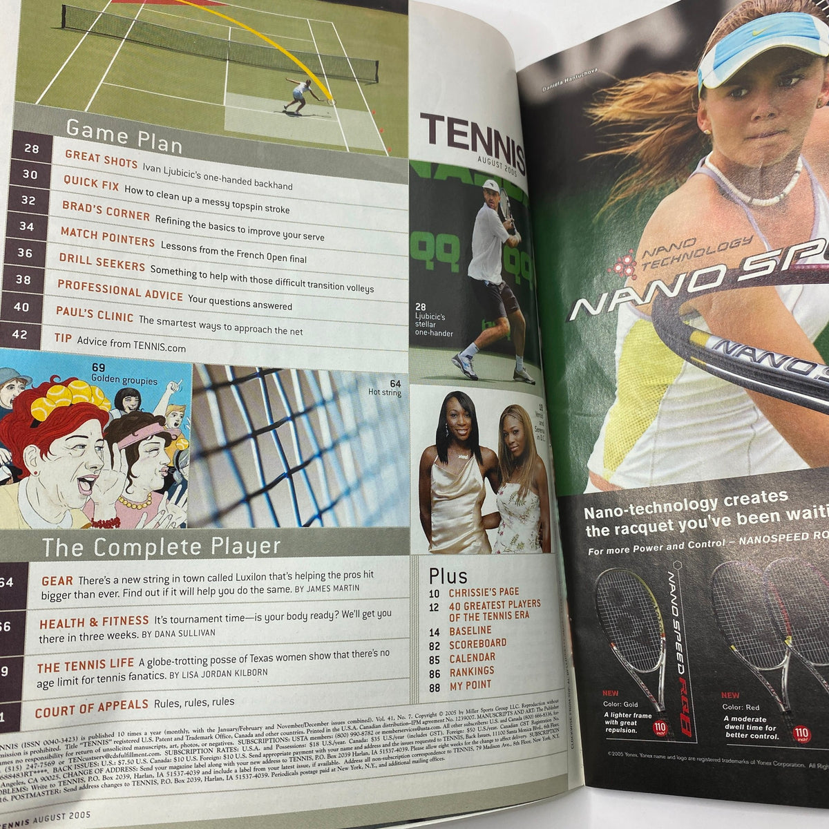 Inside pages of Tennis Magazine August 2005, displaying the table of contents with articles including game plans, health tips, and player profiles, emphasizing insights into the sport.