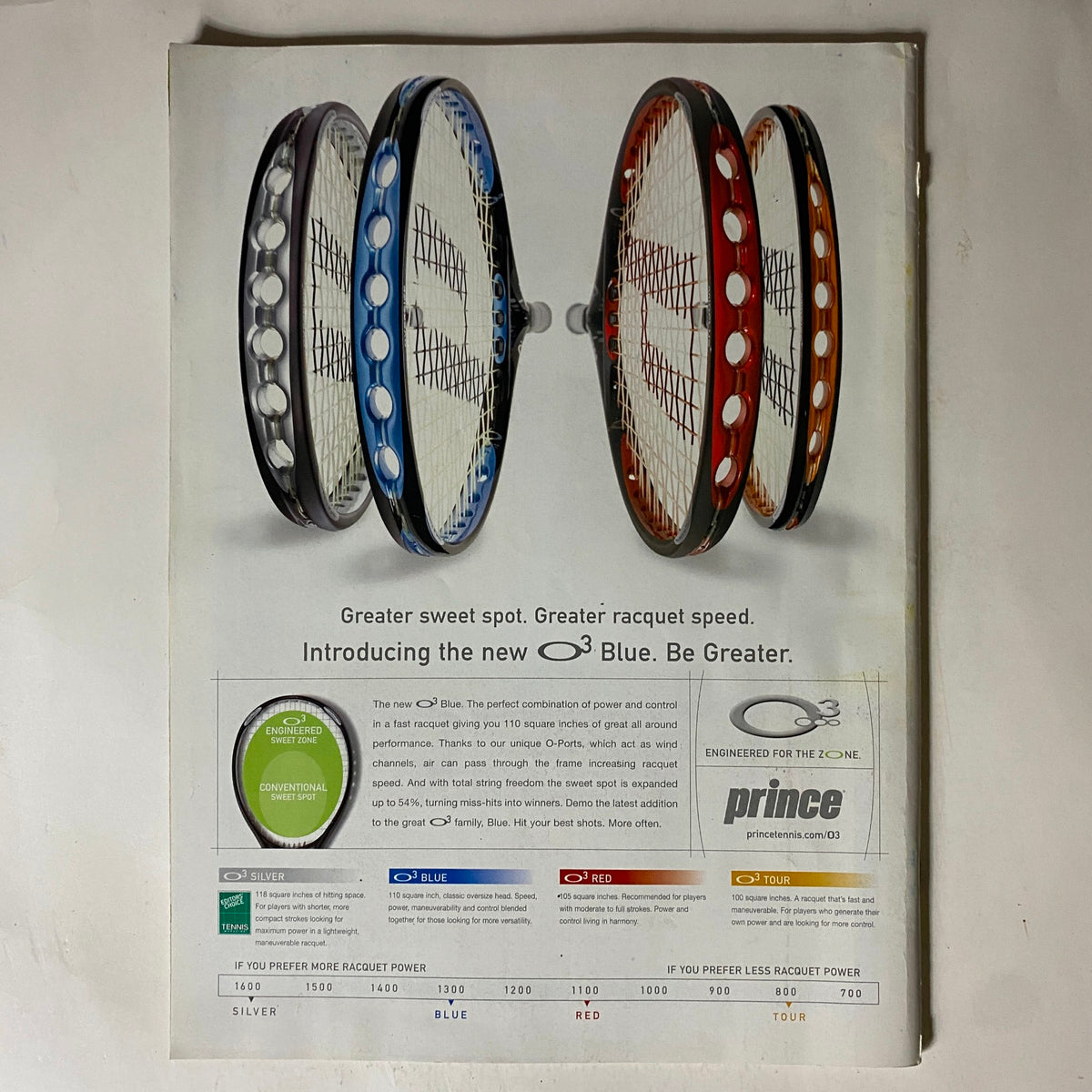 Advertisement in Tennis Magazine August 2005 for O3 Blue racquets, showcasing the innovative design and features of the new racquet model with a focus on improved performance.
