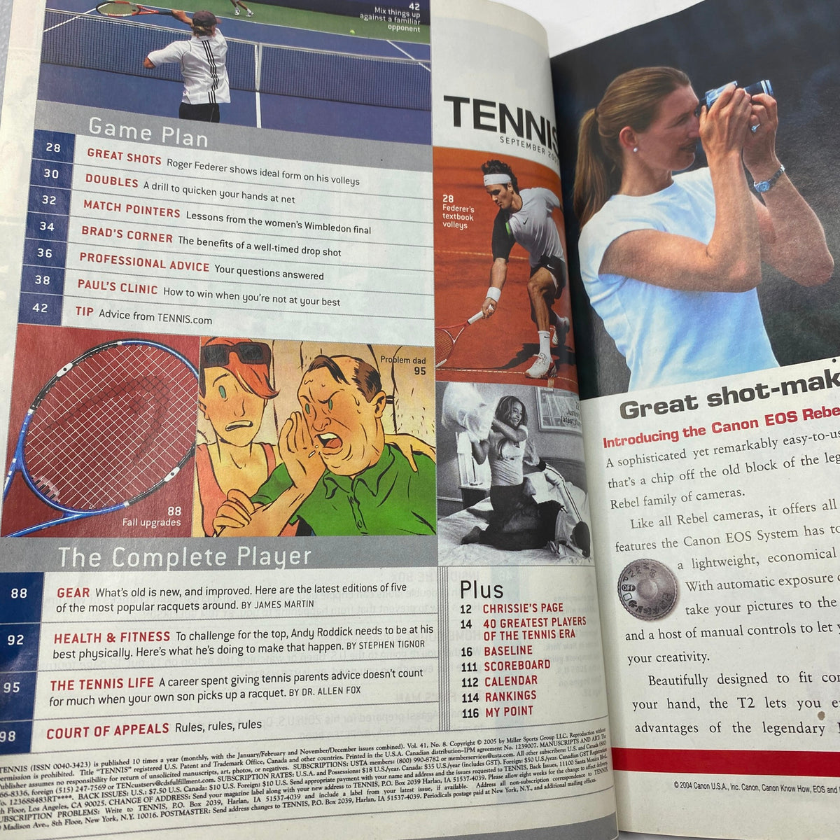 Inside pages of Tennis Magazine September 2005 displaying articles like 'Game Plan' and 'The Complete Player', featuring tennis tips and player profiles.