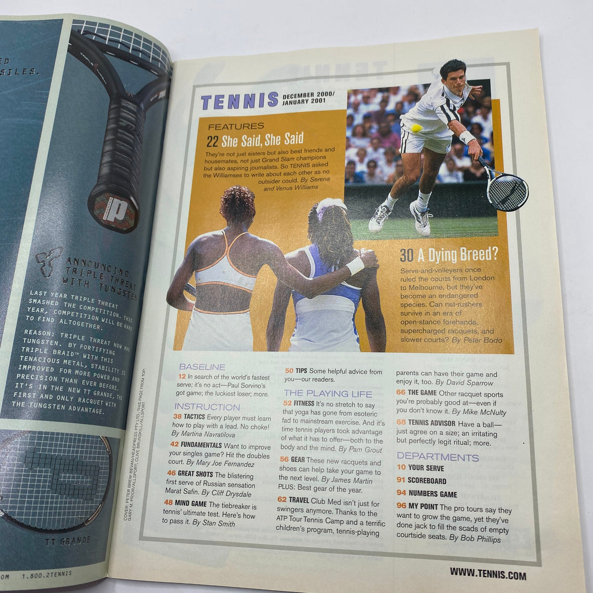 Interior page of Tennis Magazine December 2000 showcasing features including articles on tennis legends and the Williams sisters.