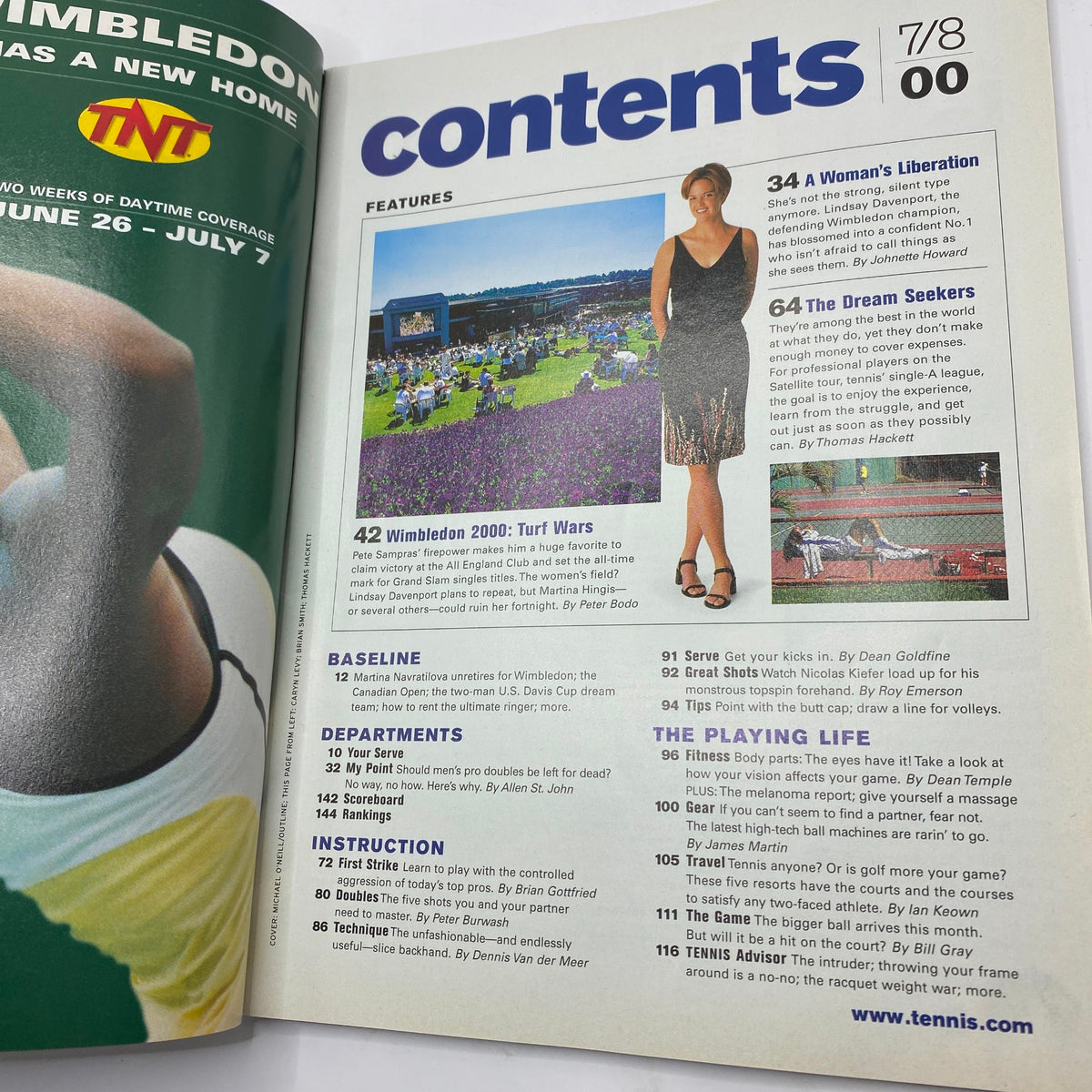 Contents page of Tennis Magazine July August 2000 highlighting featured articles including Wimbledon and player insights.