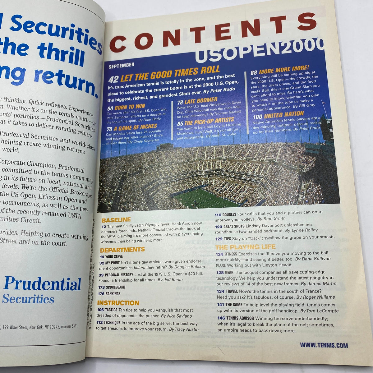 Table of contents from Tennis Magazine September 2000, showcasing features including US Open highlights and player interviews, a collectible for tennis fans.