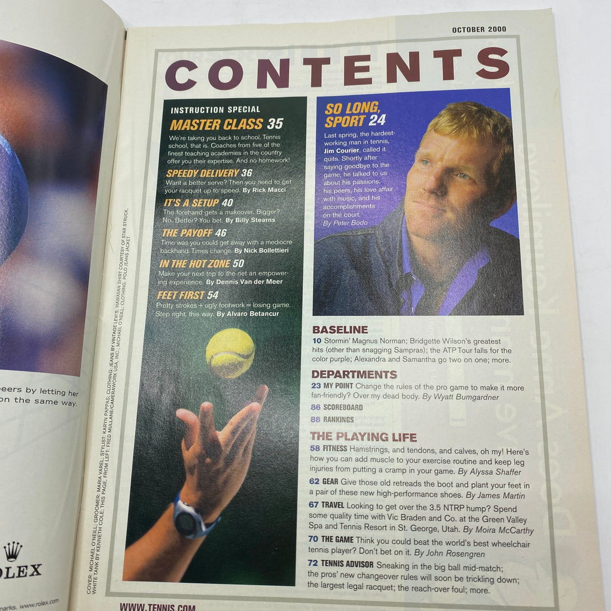 Contents page of Tennis Magazine October 2000, featuring sections on Master Class, Baseline, and The Playing Life with insights into tennis.