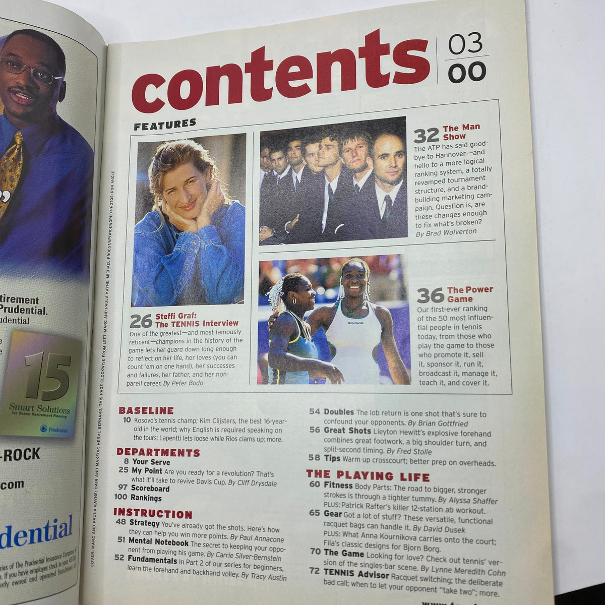 Contents page of Tennis Magazine March 2000 featuring Steffi Graf's interview, highlighting articles and topics covered in the issue, perfect for tennis enthusiasts.