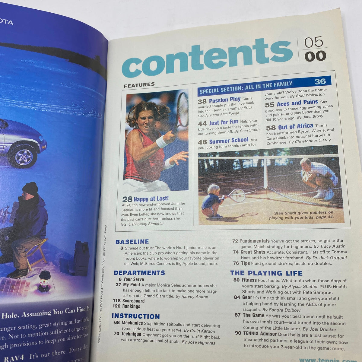 Contents page of Tennis Magazine May 2000 featuring Jennifer Capriati, highlighting articles about tennis, player profiles, and features of the season.