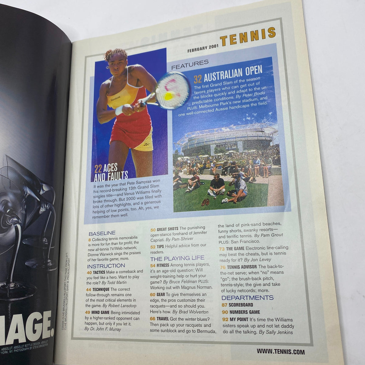 Inside page of Tennis Magazine February 2001 featuring coverage of the Australian Open and notable achievements, alongside a visual of a female tennis player.