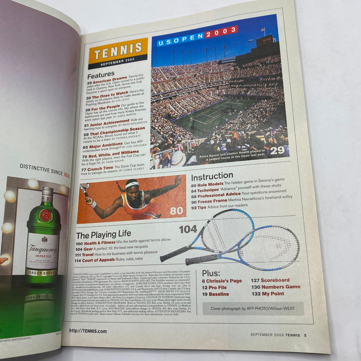 Interior page from Tennis Magazine September 2003, displaying features about the U.S. Open, including articles on Serena Williams and tips for tennis players, highlighting the excitement of the tournament.