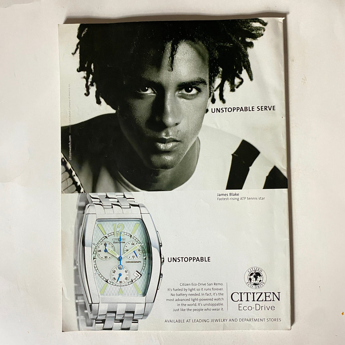 Advertisement in Tennis Magazine September 2003 featuring tennis star James Blake promoting Citizen Eco-Drive watches, capturing the essence of athleticism and style in the sport.