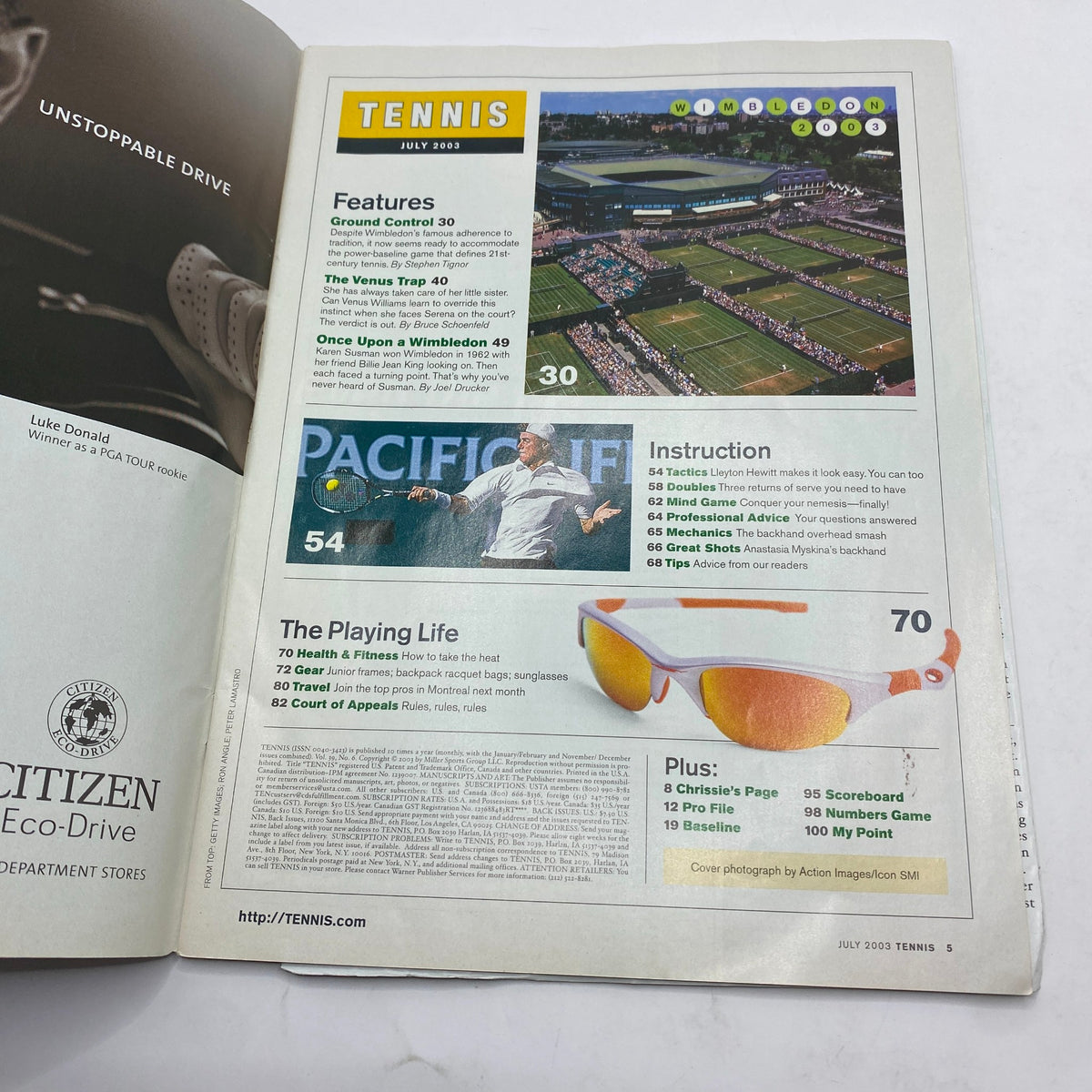 Inside page of Tennis Magazine July 2003, displaying features and contents, including articles related to Wimbledon.