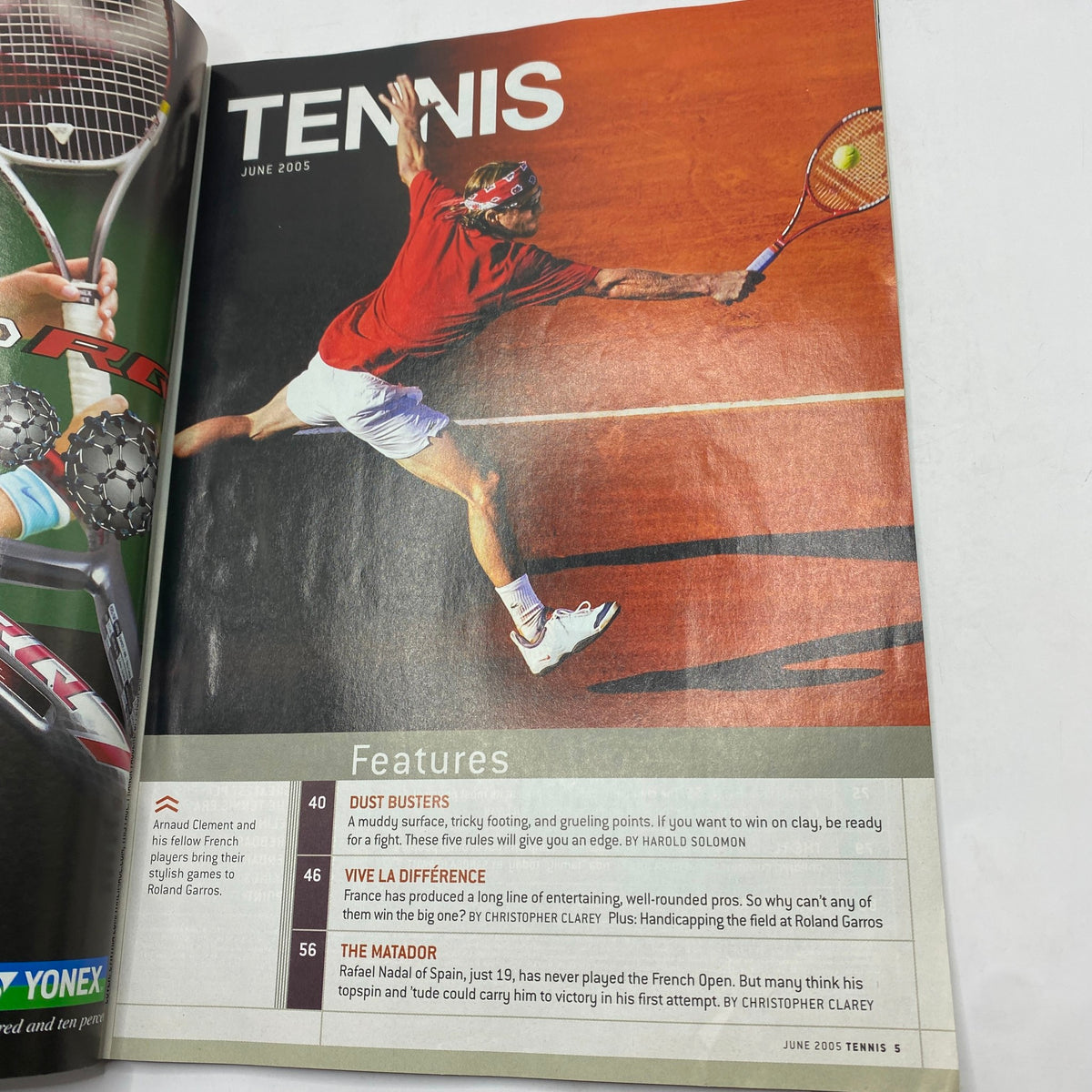 Interior page from Tennis Magazine June 2005 with features including a discussion on playing strategies and tips, alongside a striking photo of a tennis player in action.