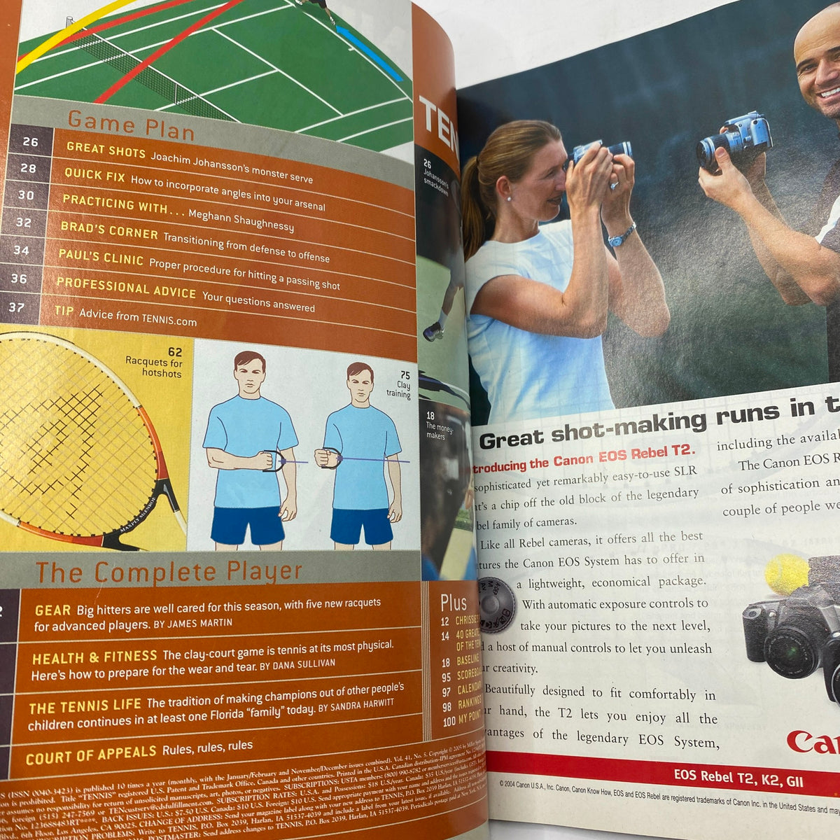 Another interior spread from Tennis Magazine June 2005 highlighting essential tennis tips, featuring illustrations and equipment recommendations for players.