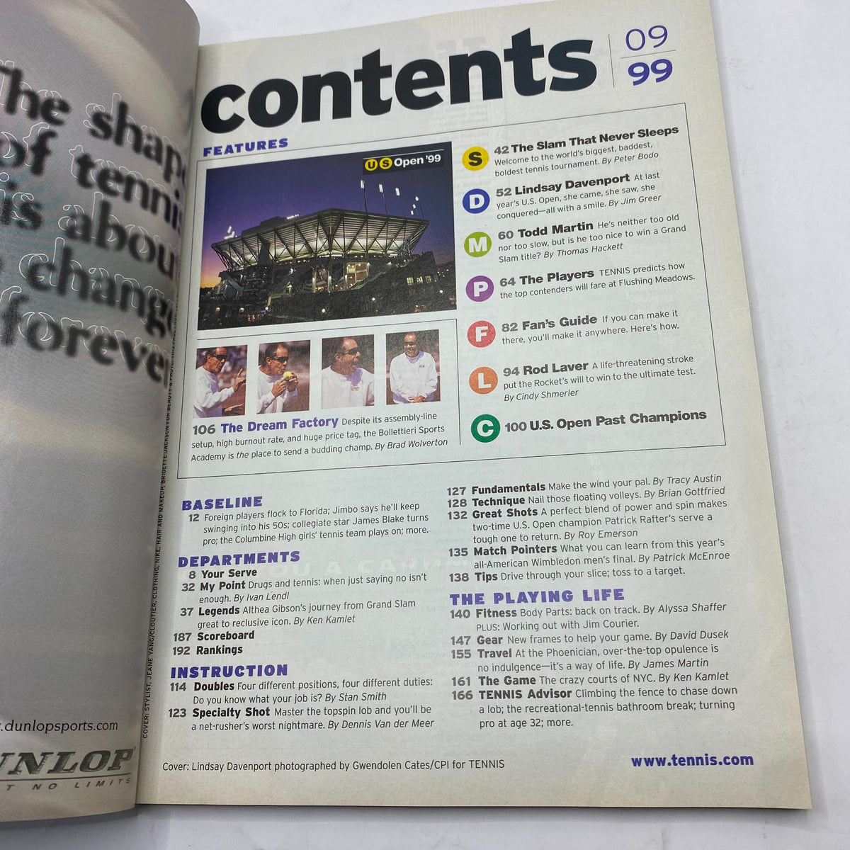 Contents page of Tennis Magazine September 1999, detailing featured articles including one on Lindsay Davenport, providing insights into the issue's theme.