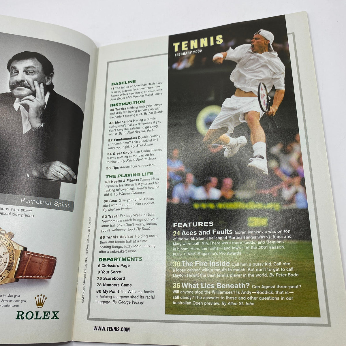 Inside page of Tennis Magazine February 2002 featuring articles and stunning visuals including tennis player in action, highlighting Lleyton Hewitt on the cover.