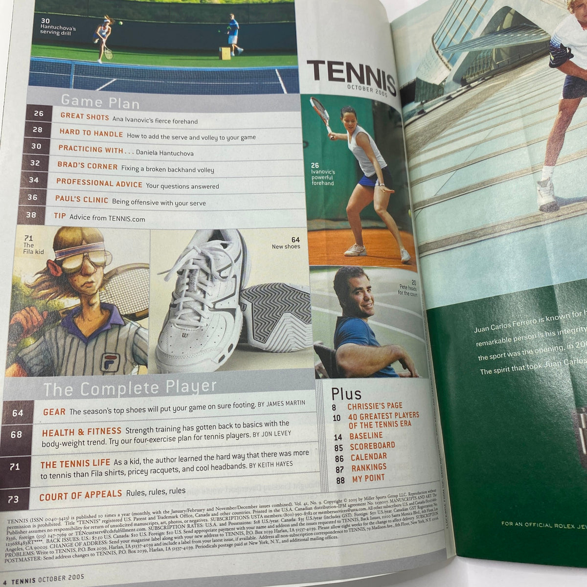 Interior page of Tennis Magazine October 2005, highlighting game tips and fitness strategies, including an article featuring Lindsay Davenport that encourages players to improve their skills.