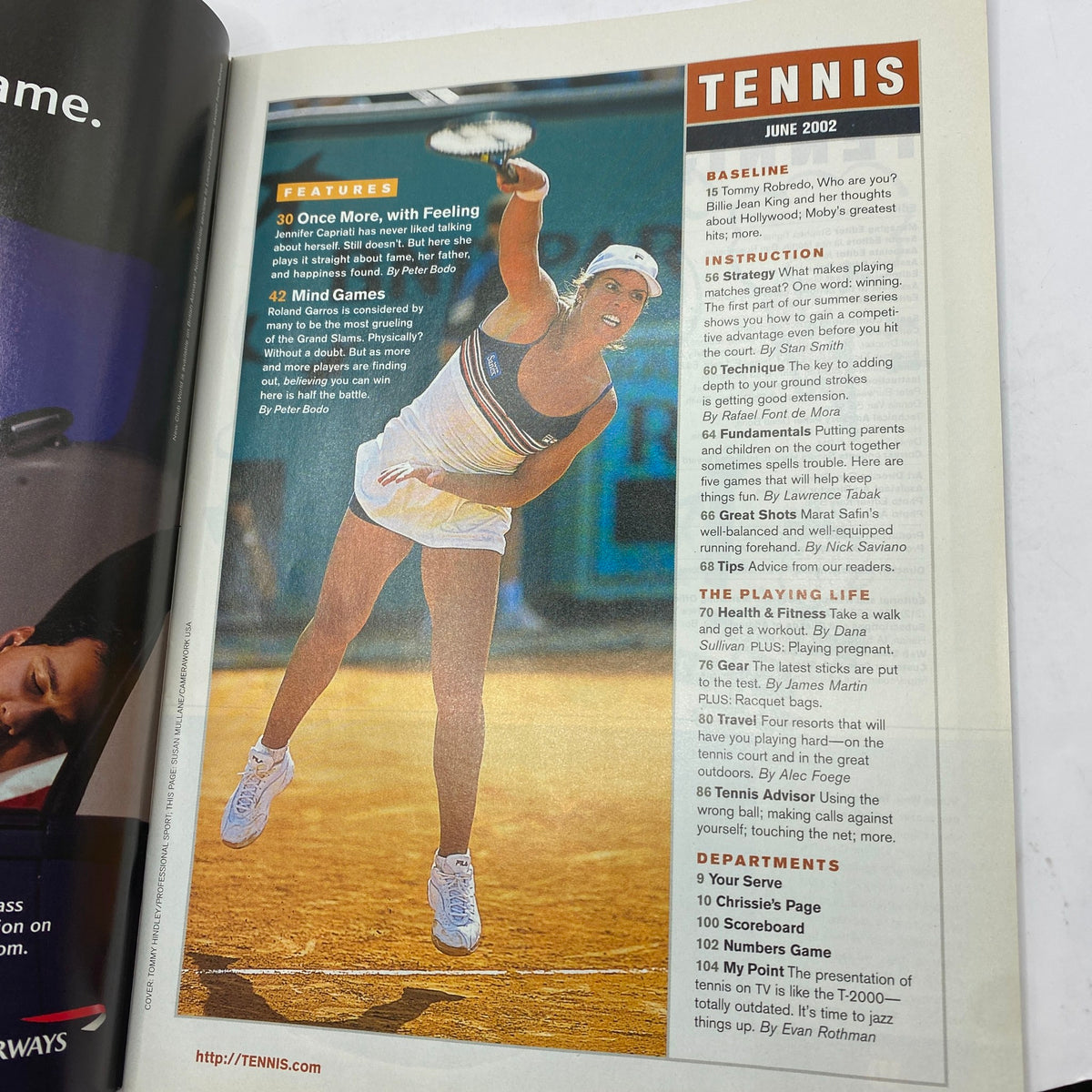 Inside page of Tennis Magazine June 2002 displaying an article about Jennifer Capriati and coverage of the Roland Garros event.