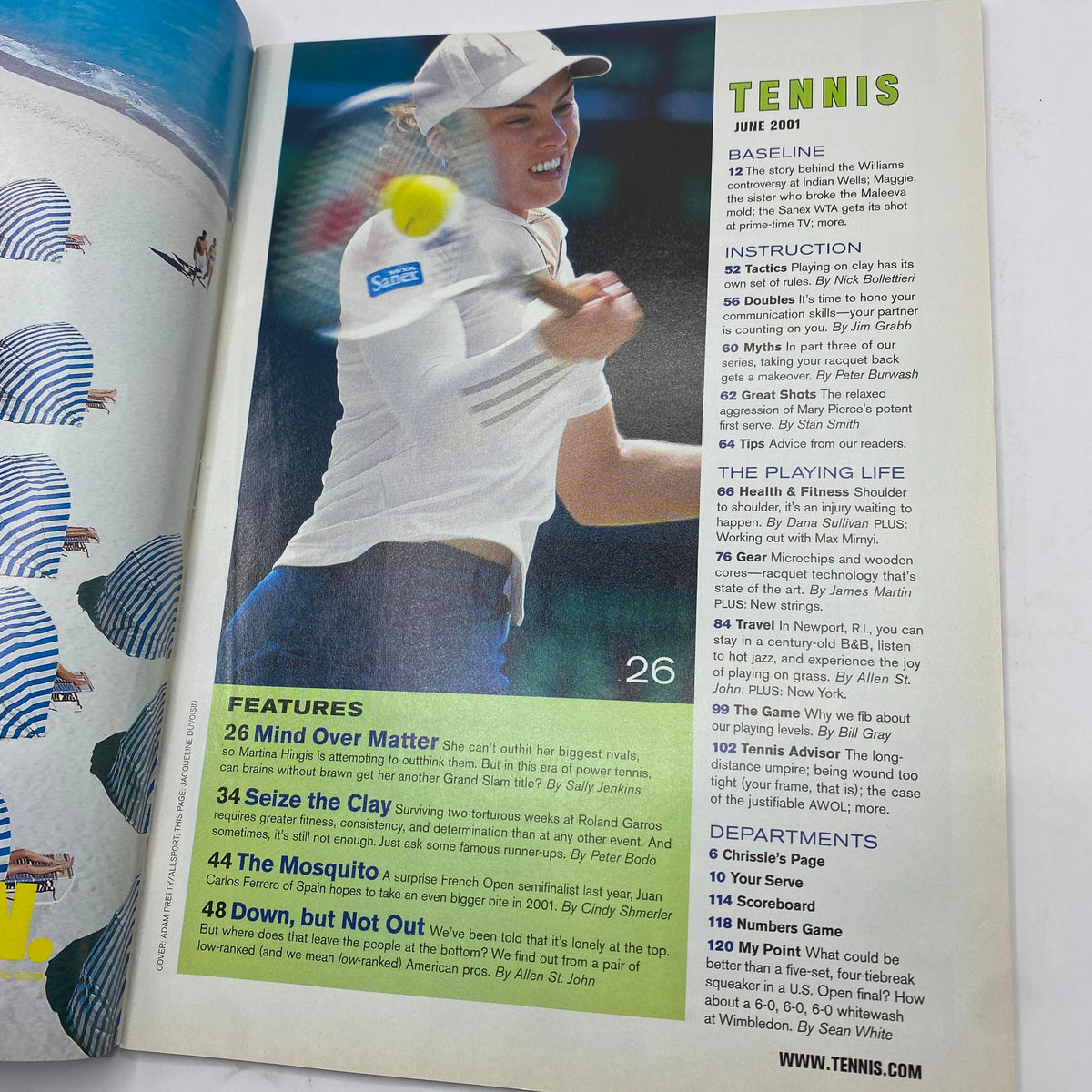 Interior page from the June 2001 Tennis Magazine highlighting features and articles about tennis strategies, including a focus on Martina Hingis.