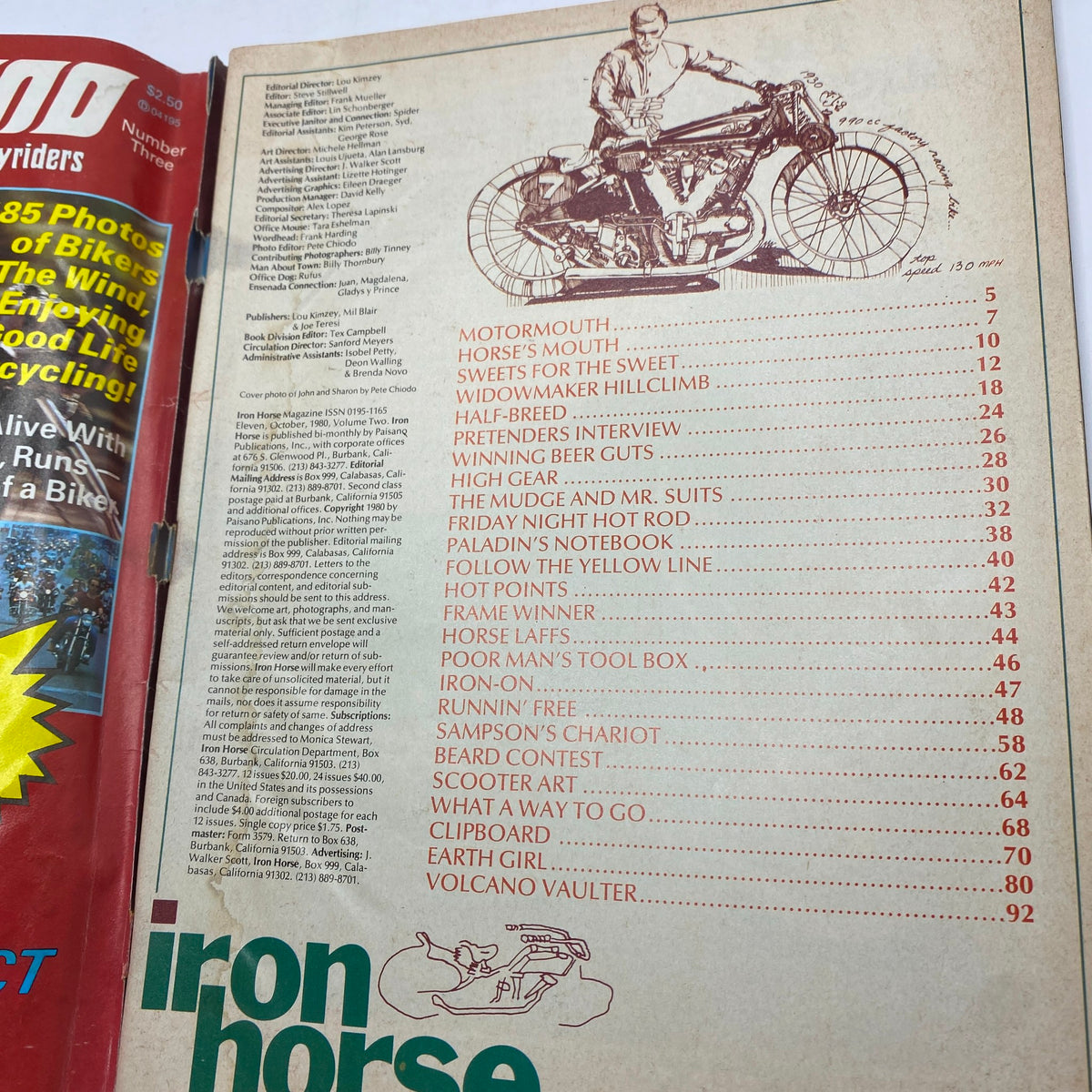 Interior page of Vintage Iron Horse Magazine October 1980 displaying the table of contents, including features on Widowmaker Hillclimb and motorcycle culture.