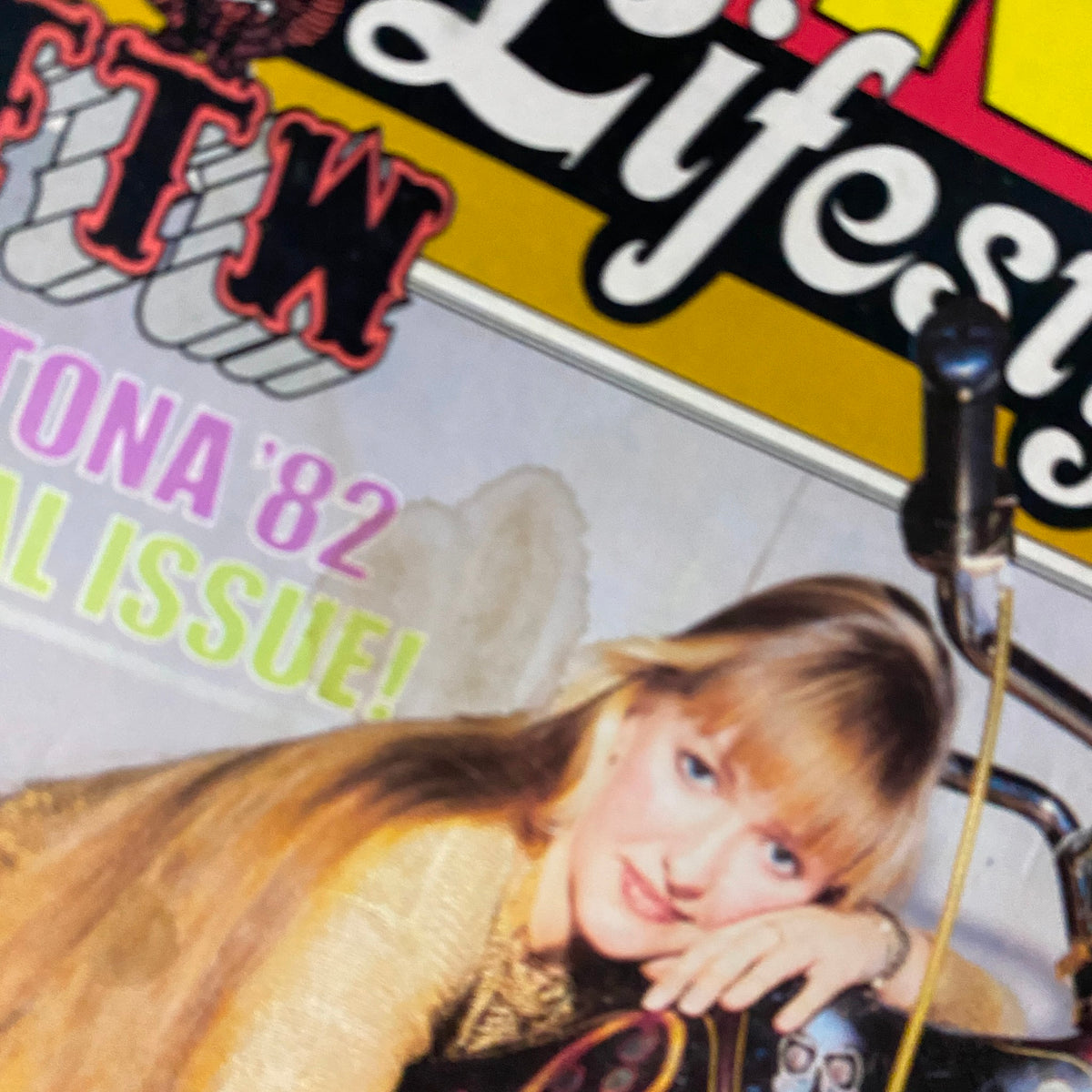 Close-up of the cover of VTG Biker Lifestyle Magazine June 1982 Daytona '82 Special Issue highlighting the title and design details.