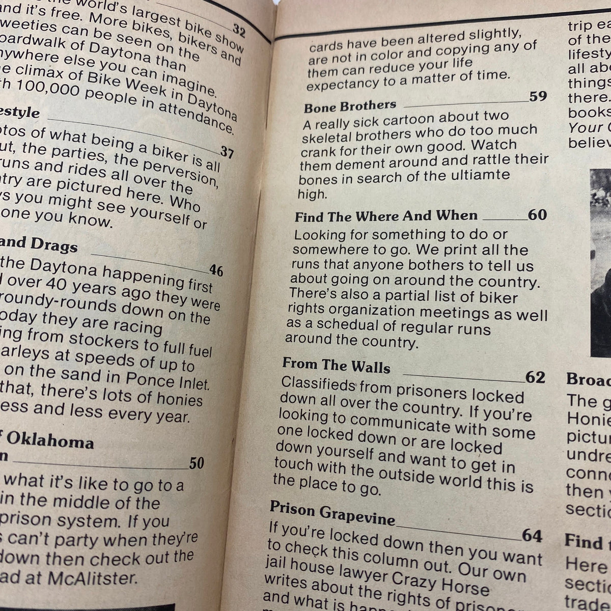 Excerpted text from the contents of VTG Biker Lifestyle Magazine June 1982 Daytona '82 Special Issue with article titles and descriptions.