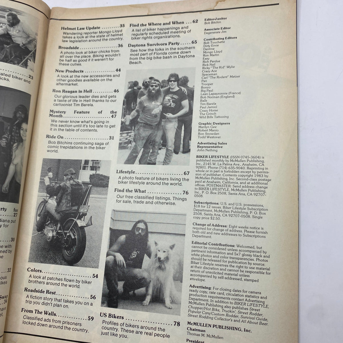 Biker Lifestyle Magazine August 1983 edition featuring pages inside, showcasing articles, illustrations, and a glimpse into the motorcycle culture of the early 80s.