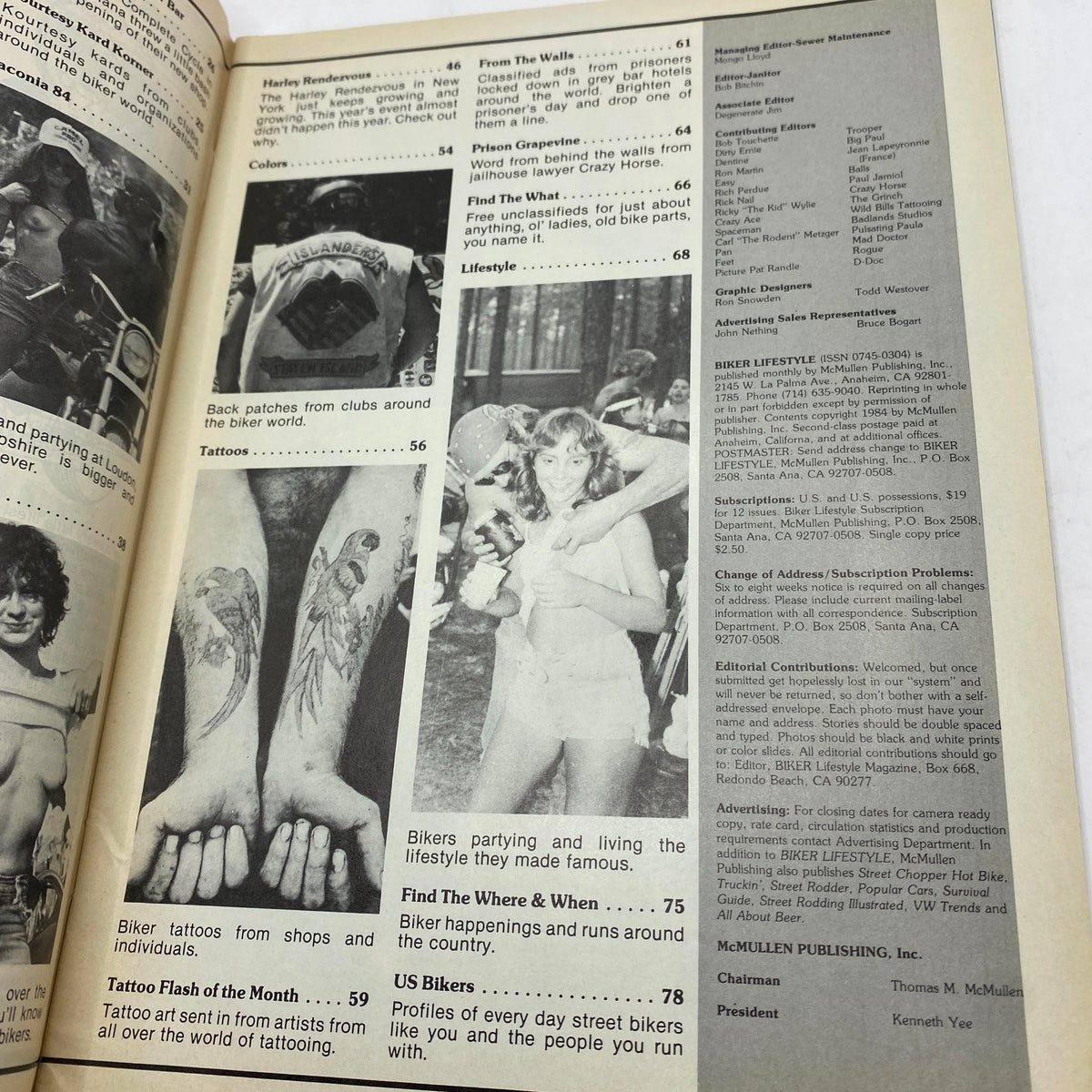 Interior page of VTG Biker Lifestyle Magazine November 1984, featuring images and descriptions related to biker tattoos and events, illustrating the lifestyle represented in this nostalgic magazine.
