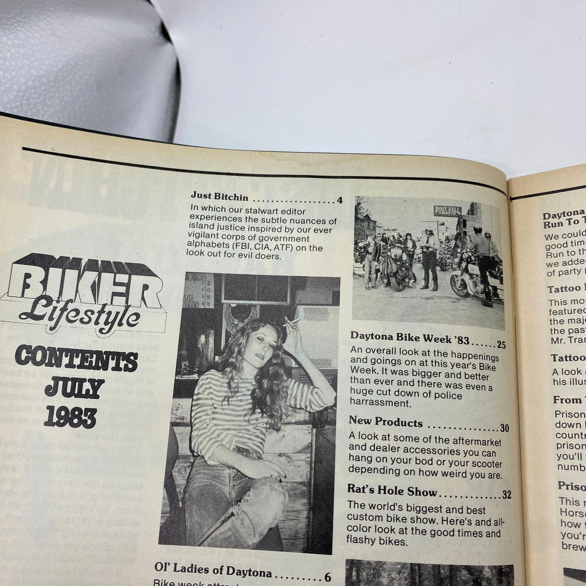 Contents page of VTG Biker Lifestyle Magazine July 1983 Vol 3 No. 7 showcasing articles about Daytona Bike Week and biker lifestyle.