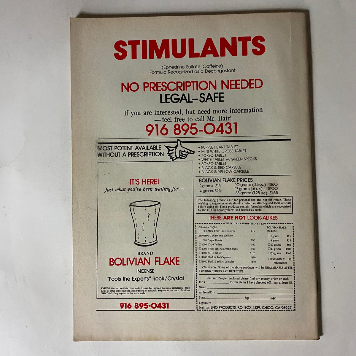 Vintage advertisement for stimulants with mention of legal safety and contact information. Featured in the VTG Biker Lifestyle Magazine July 1983 Vol 3 No. 7 Daytona Bike Week.