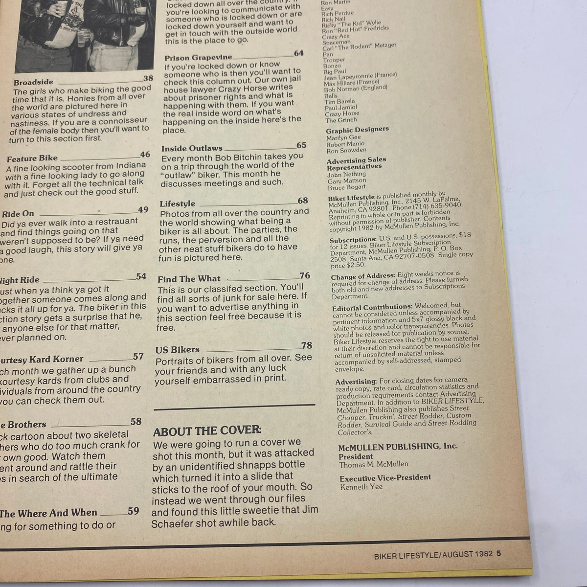 Back page of VTG Biker Lifestyle Magazine August 1982 revealing additional content summaries and publisher information related to biker lifestyle articles.