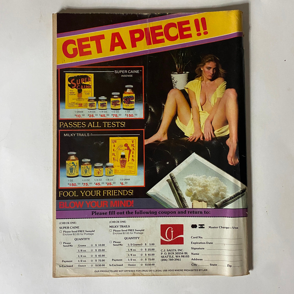 Vintage advertisement page from VTG Biker Lifestyle Magazine August 1982 featuring the title 'GET A PIECE !!'. The ad showcases products ‘Super Caine’ and ‘Milky Trails’, along with an image of a woman in a revealing outfit. This collectible magazine highlights early 80s biker culture and lifestyle.