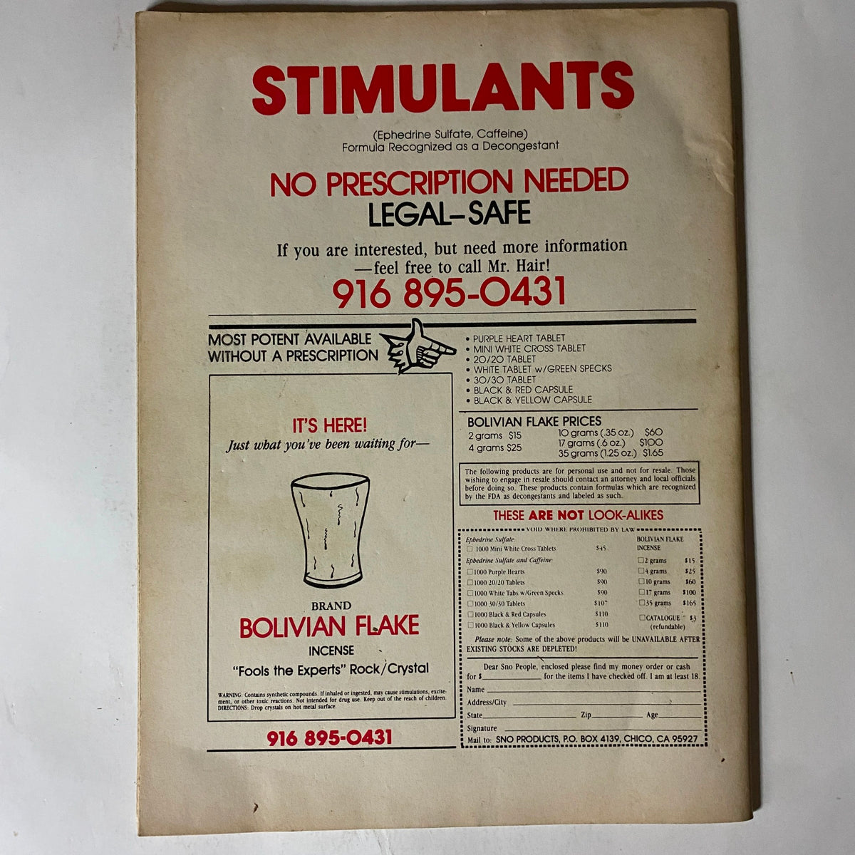 Back page advertisement from VTG Biker Lifestyle Magazine June 1983 promoting 'STIMULANTS' brand with a focus on legal products and Bolivian Flake incense, showcasing 1980s vintage advertising style.