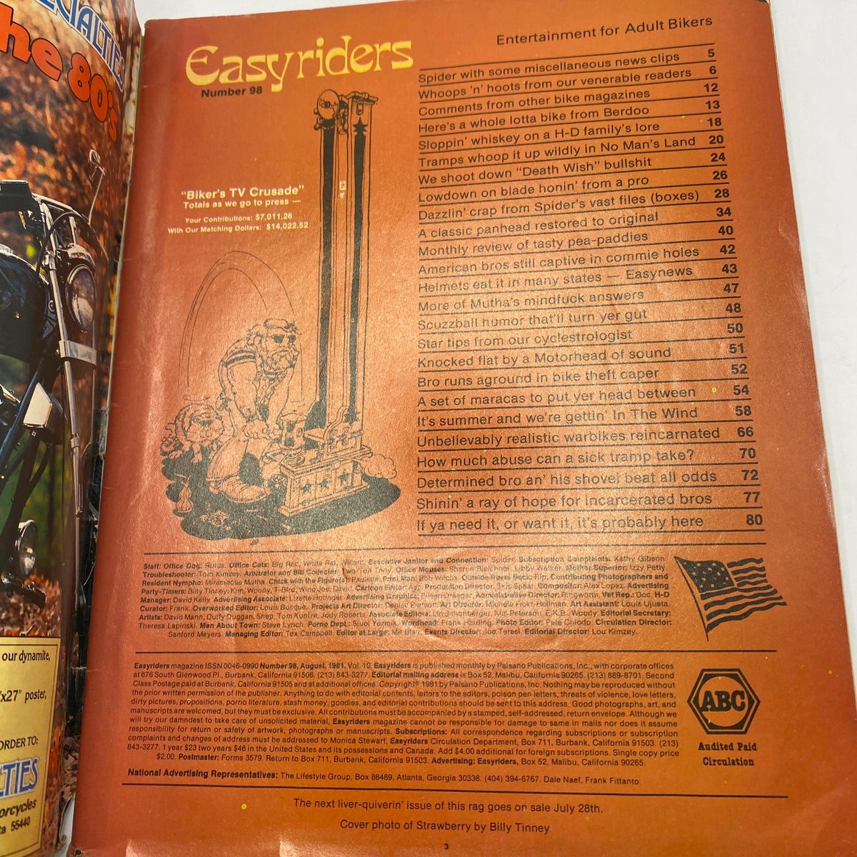 Easyriders Magazine August 1981, Issue No. 98, featuring the table of contents including articles on motorcycle culture and insights into bikers' lifestyle.