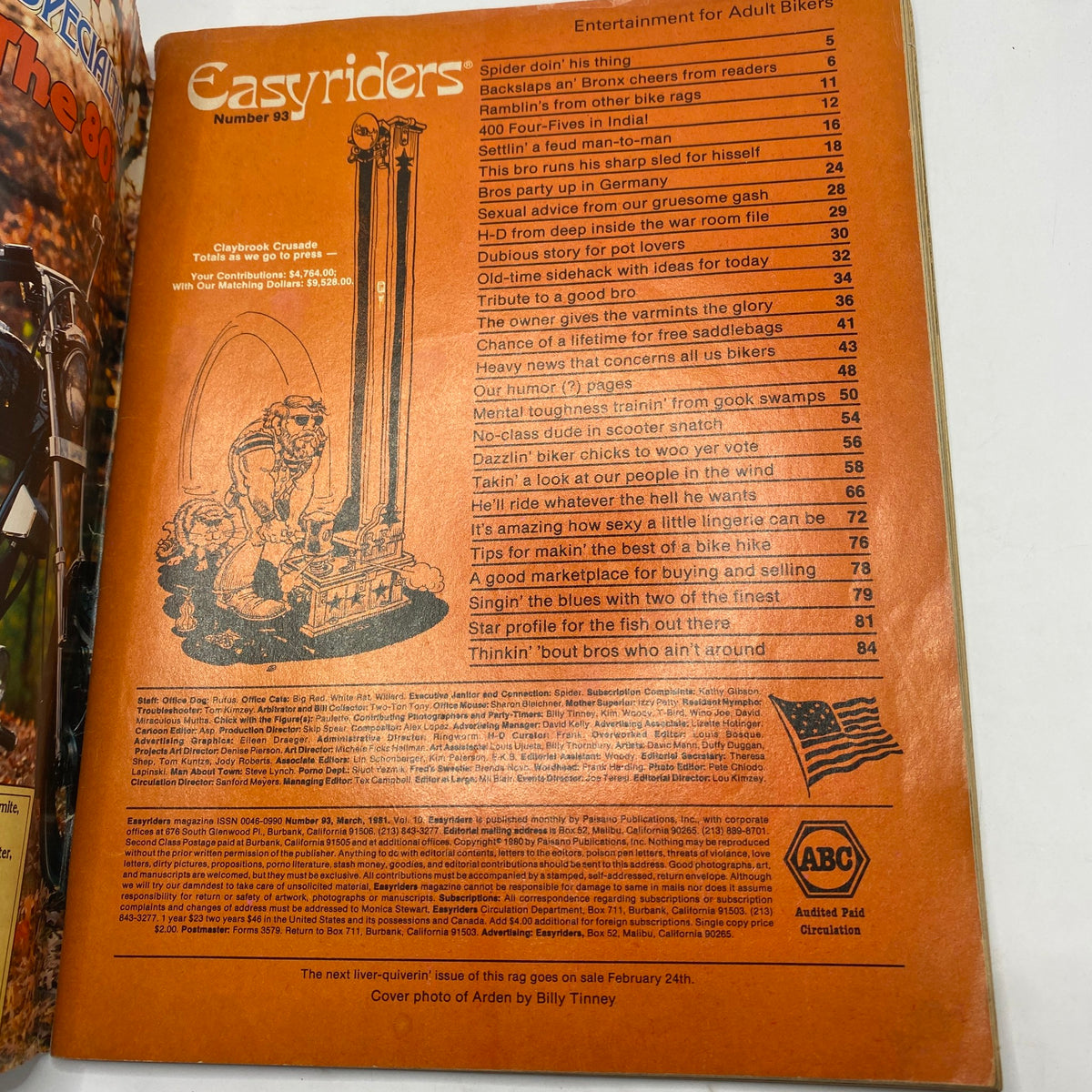 Contents page of Easyriders Magazine March 1981 No. 93 illustrating articles related to motorcycle culture and lifestyle, providing insights into the biking community.