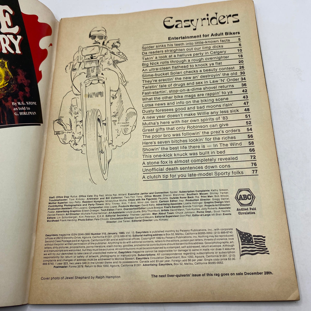 Interior page of the January 1983 Easyriders Magazine, listing contents and articles related to motorcycle culture.