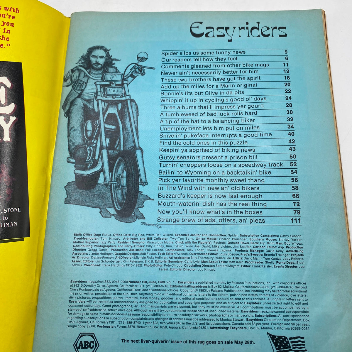 Table of contents page from VTG Easyriders Magazine June 1983, highlighting various articles and features on motorcycles.