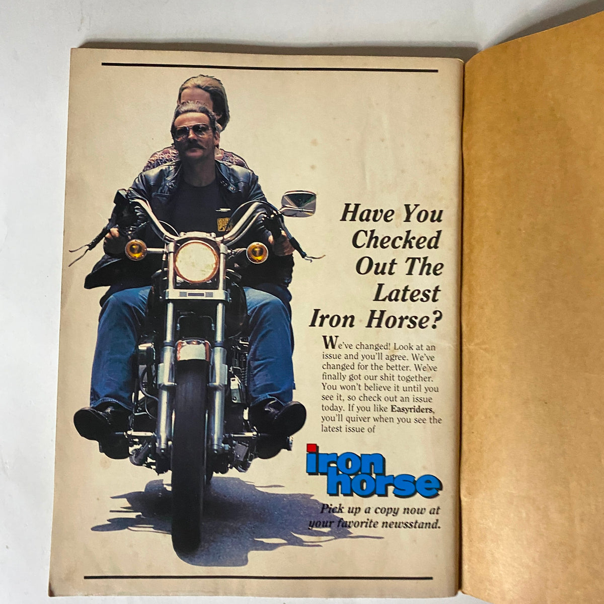 Inside advertisement page of VTG Easyriders Magazine August 1983 promoting Iron Horse magazine, showcasing a motorcycle and riders.