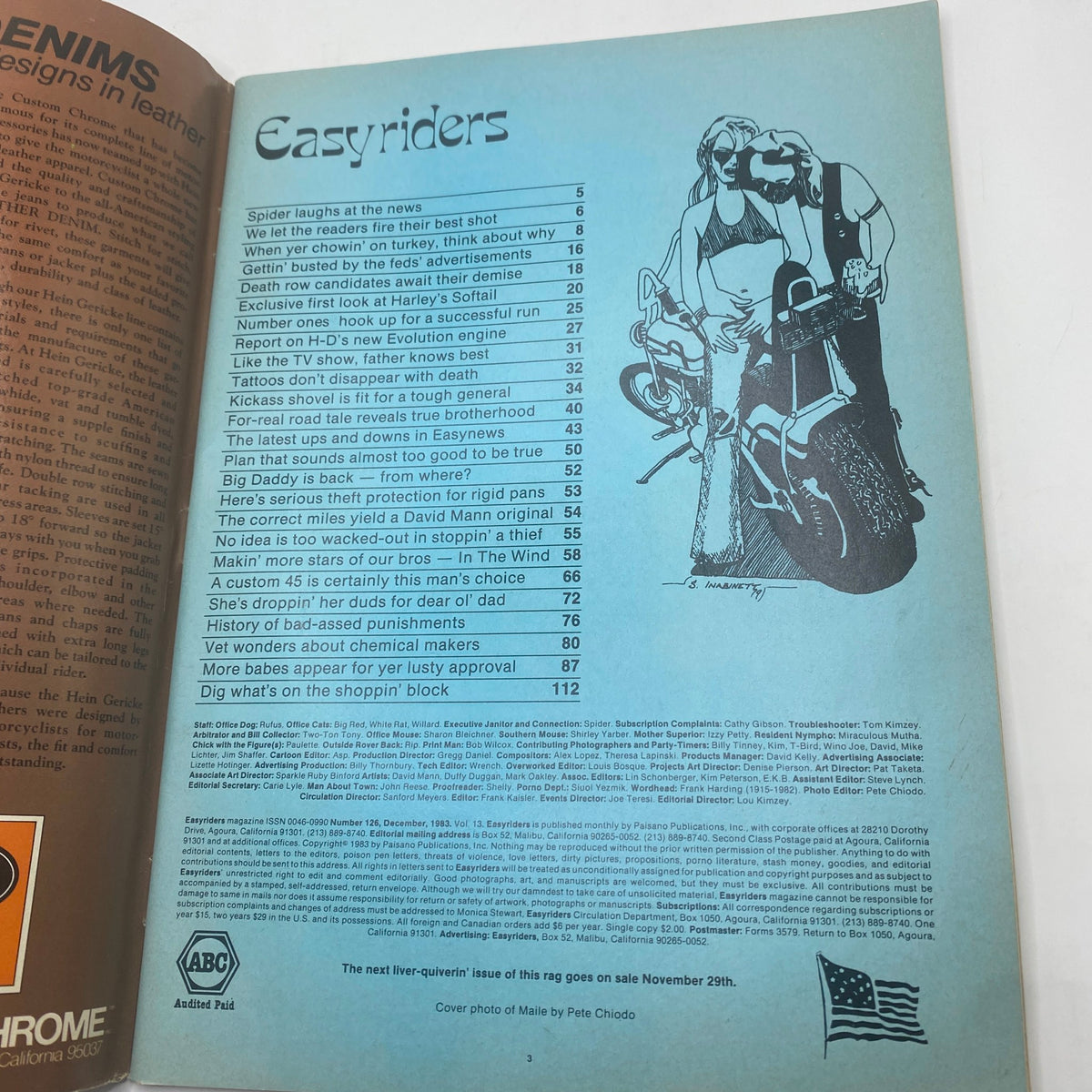 Table of contents from the VTG Easyriders Magazine December 1983, showcasing features on Harley's engineering updates and articles on tattoo culture and biker life.