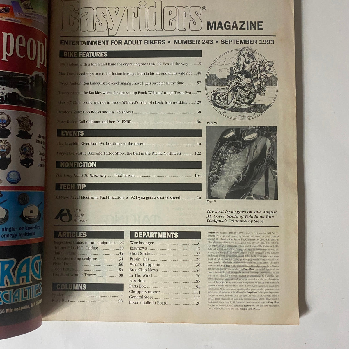 Easyriders Magazine September 1993 feature page showcasing bike articles, events, and tips for riders, highlighting motorcycle culture and safety updates in the early '90s.