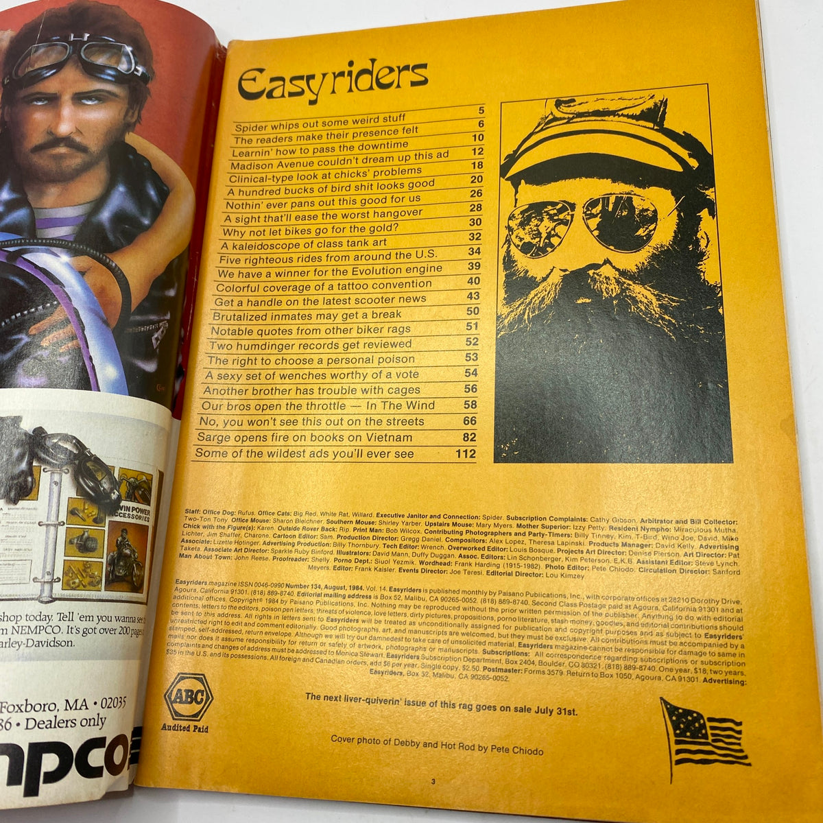 Table of contents from VTG Easyriders Magazine August 1984 highlighting articles on motorcycles, biker events, and the Harley Evolution Engine.