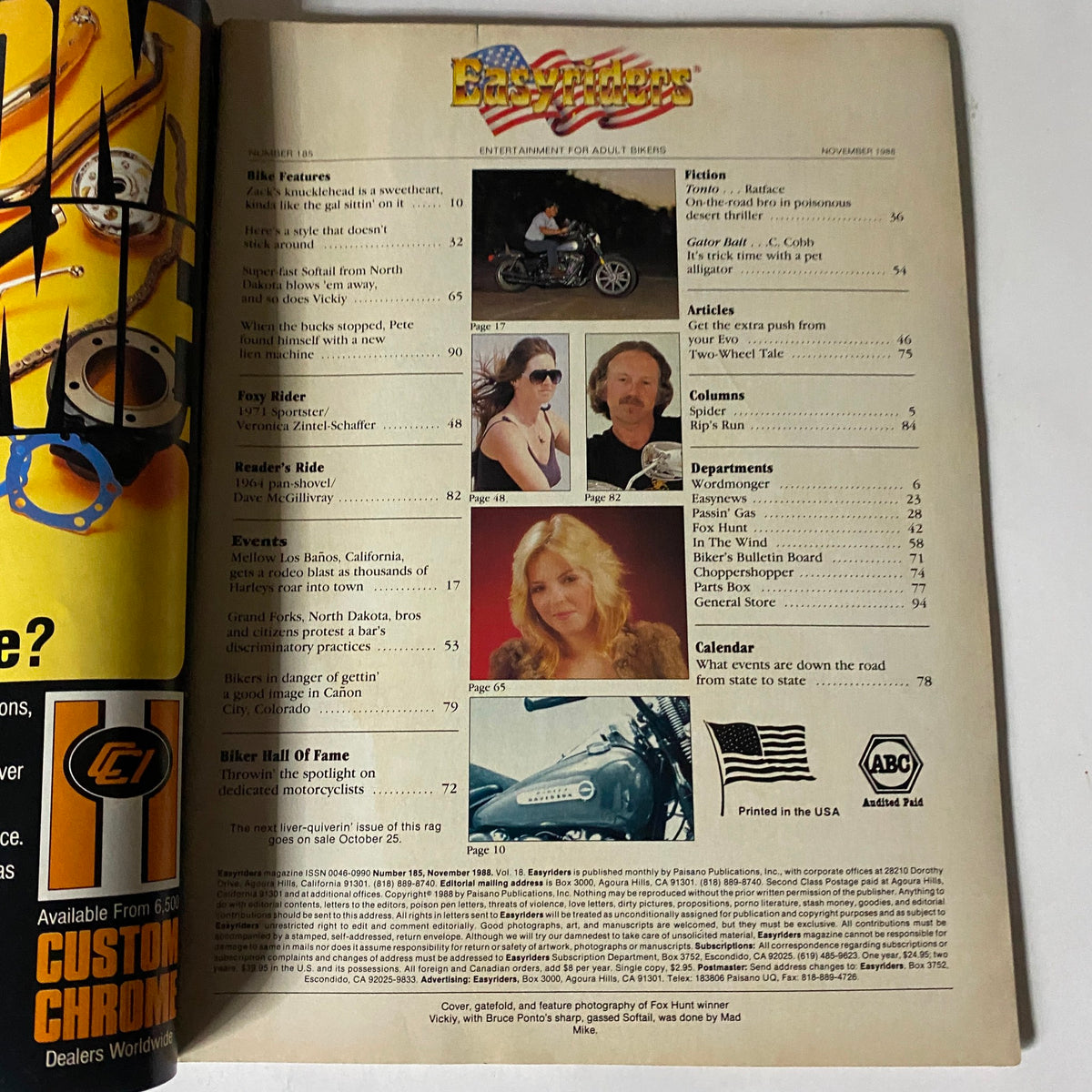 Interior page of Easyriders Magazine November 1988 showcasing the contents and featured articles about biker culture.