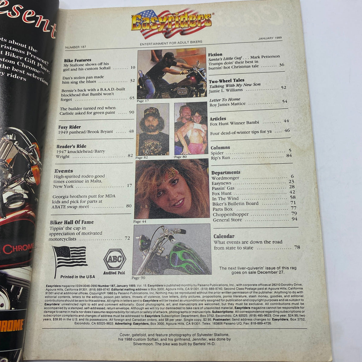 Table of contents from VTG Easyriders Magazine January 1989, highlighting features such as bike culture, articles, and events for adult bikers.