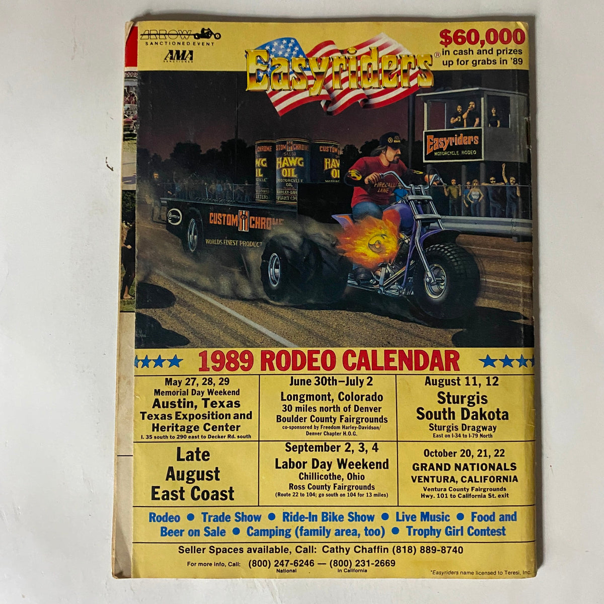 Promotional page for the 1989 rodeo events featured in VTG Easyriders Magazine May 1989, including event dates and locations across the USA, highlighting motorcycle shows and competitions.