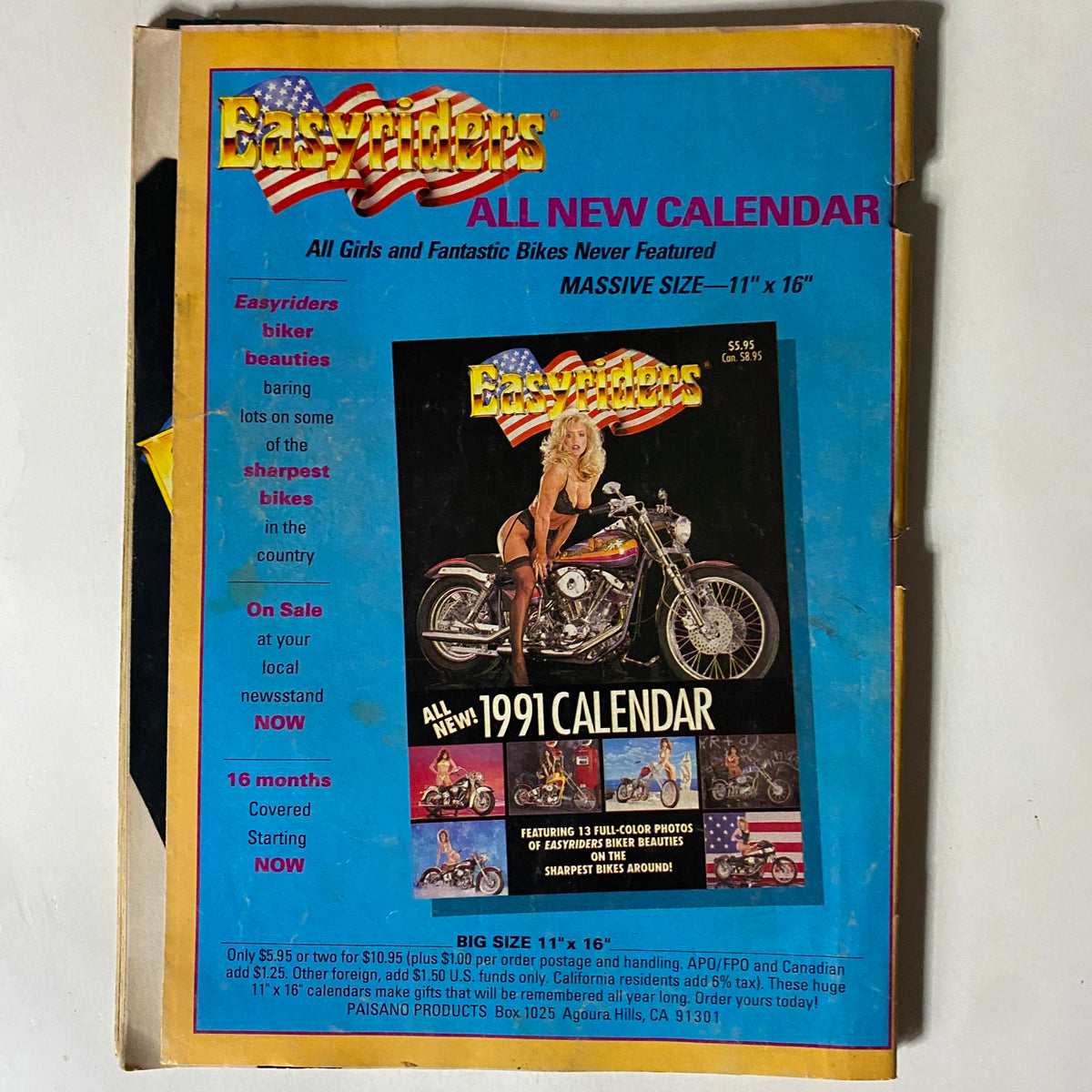 Back cover of VTG Easyriders Magazine October 1990 promoting the all-new 1991 calendar featuring biker beauties and motorcycles.